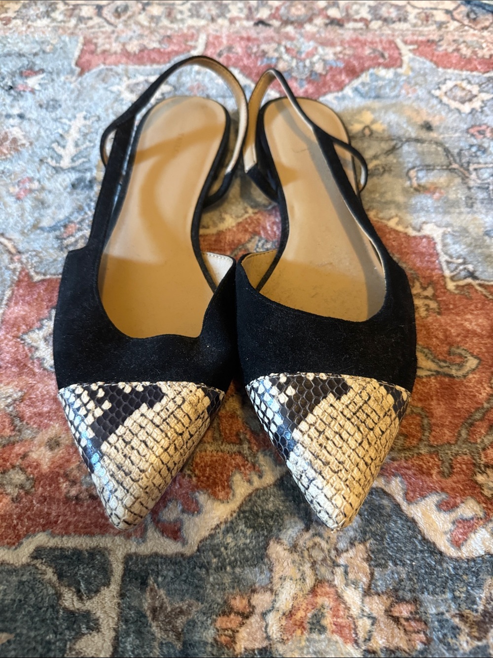 Ann Taylor Black Slingback Flats with Snakeskin Toe
